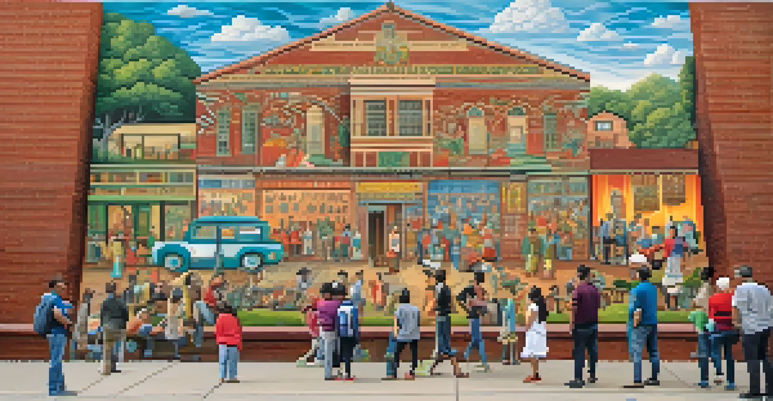 A vibrant mural illustrating historical narratives with folk art symbols, set in an urban environment.