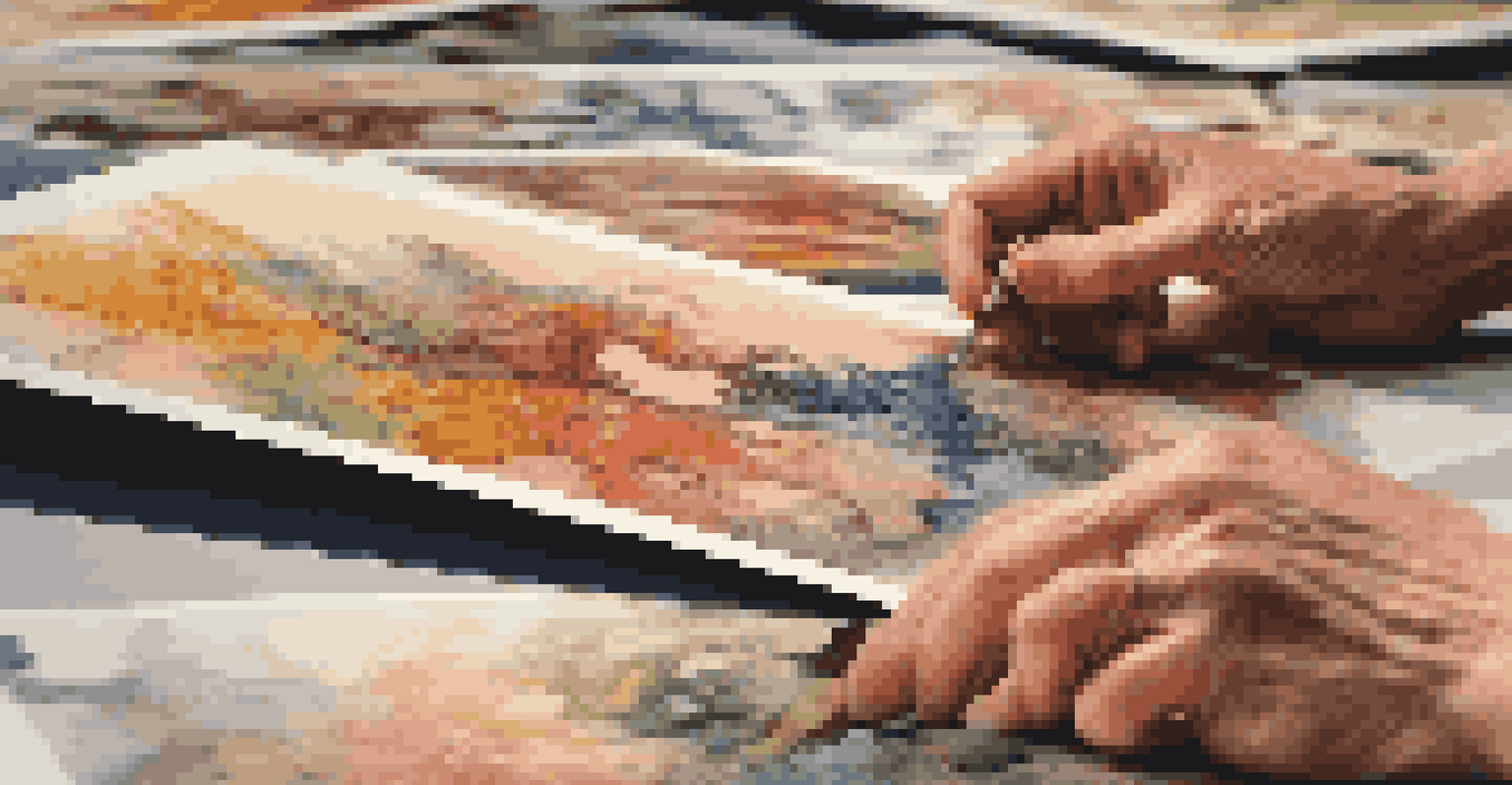 An artist's hands arranging colorful artworks at an art fair, emphasizing textures and vibrant colors.
