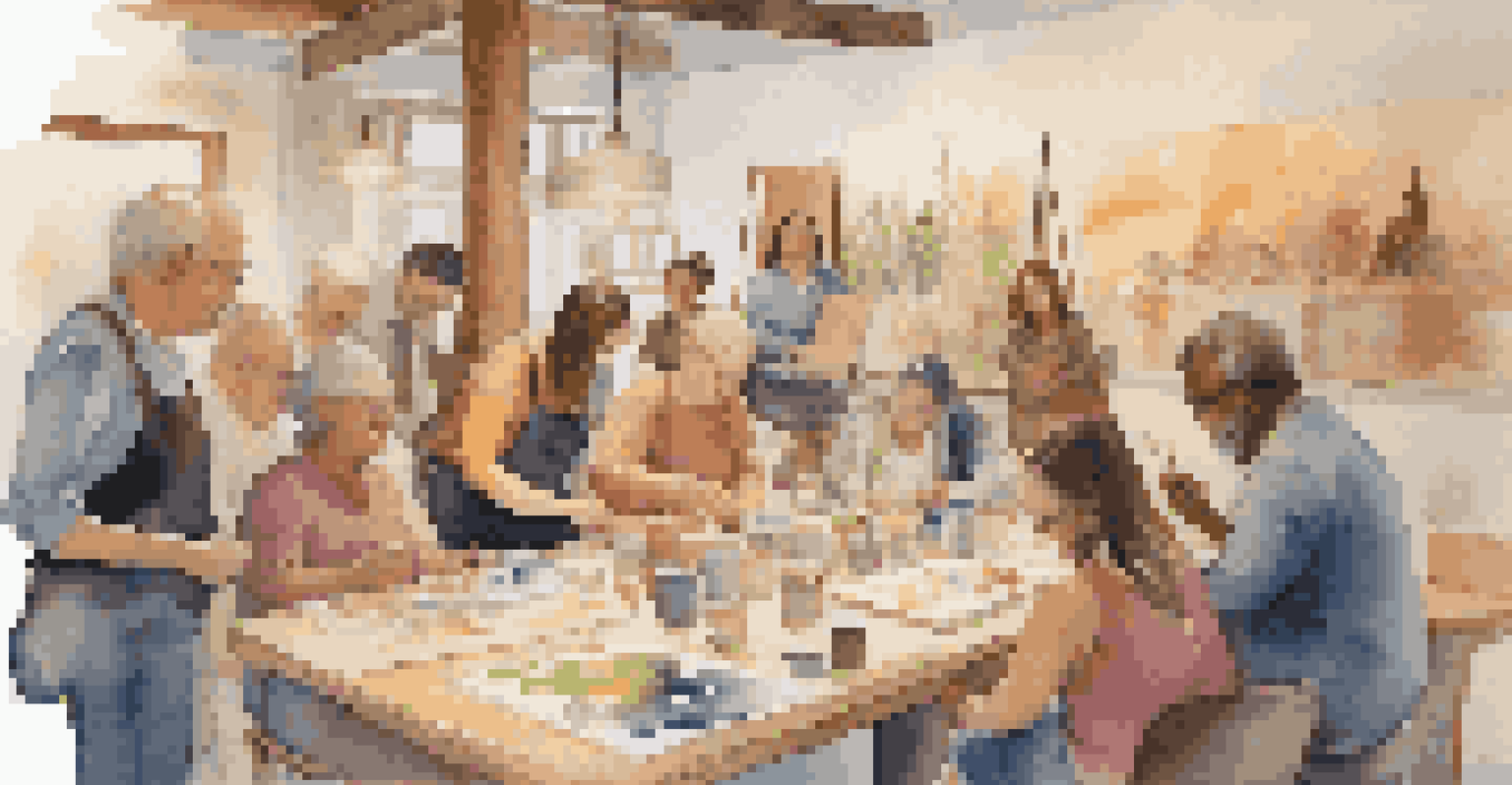 A cozy art workshop with diverse participants painting together, creating a sense of community and collaboration under warm light.