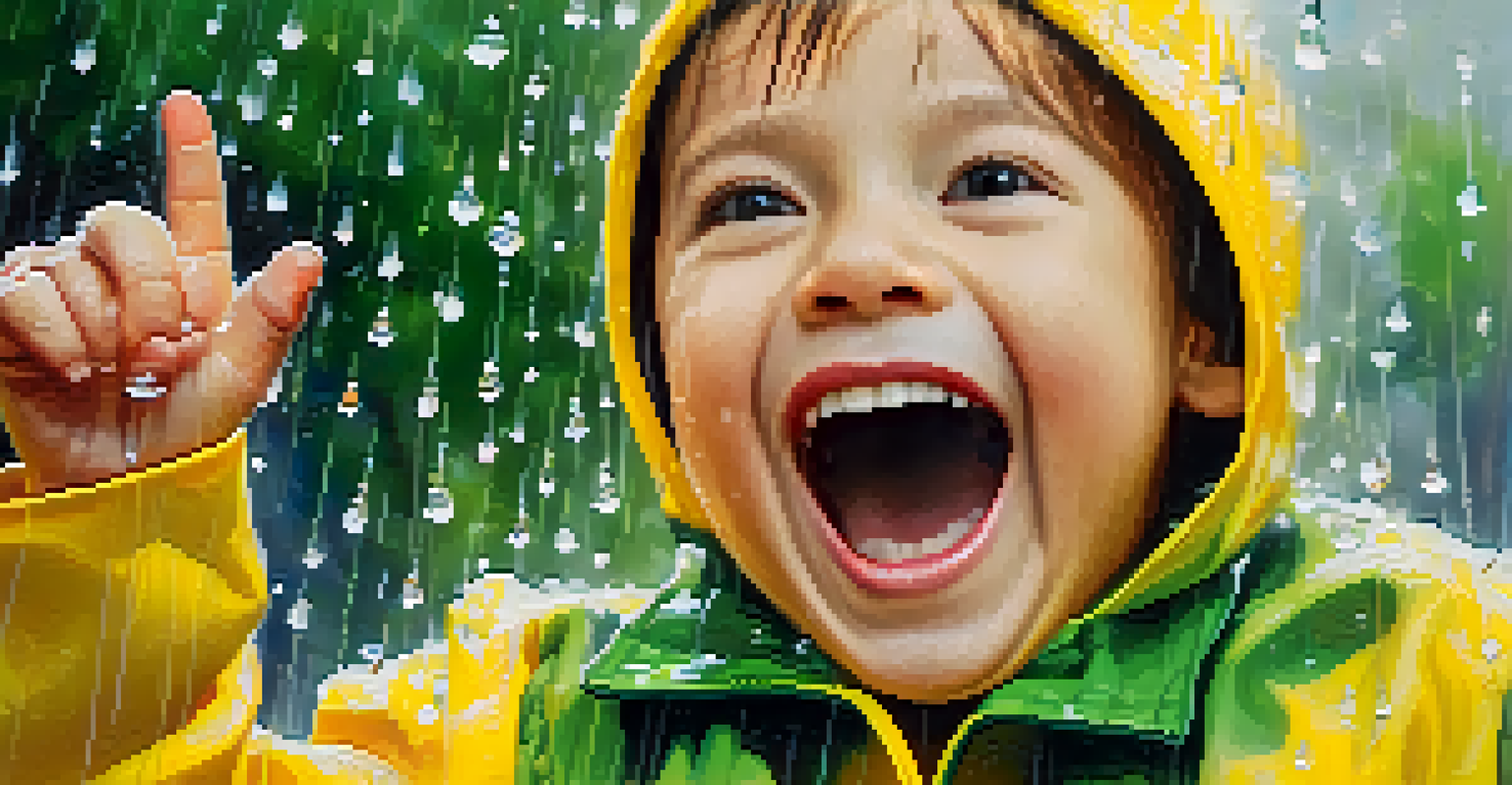 A happy child in a yellow raincoat playing in the rain with droplets around.