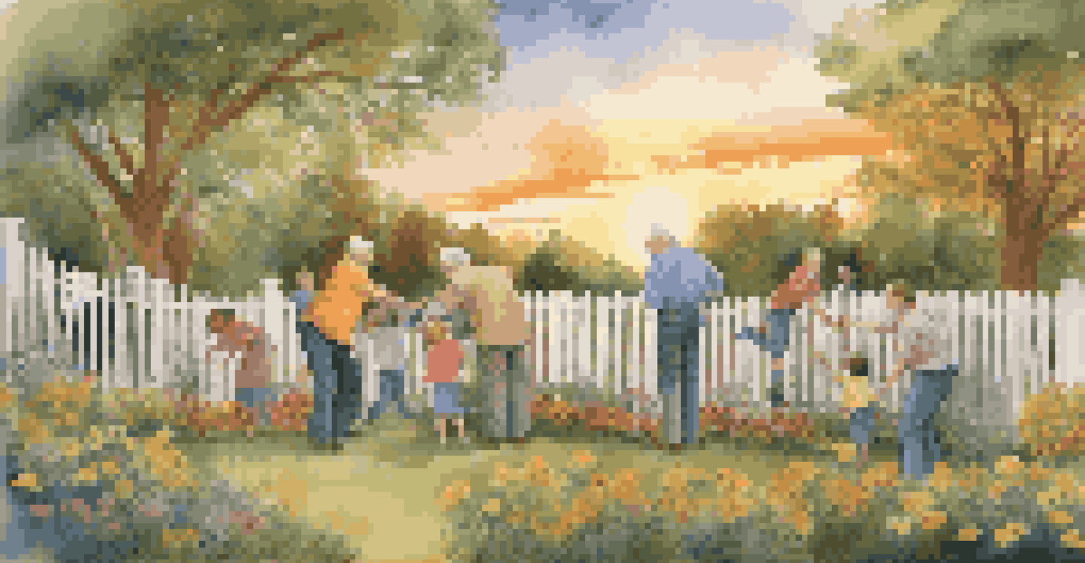 A multigenerational family collaborating on a colorful mural in their backyard, surrounded by nature and under a golden sunset.
