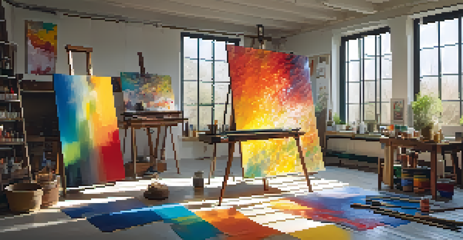 An artist's studio with a colorful canvas, paint splatters, and sunlight illuminating the creative space.