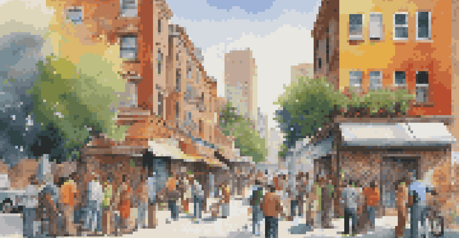 A lively street scene with diverse artists painting colorful cultural murals, surrounded by engaged onlookers in an urban setting.