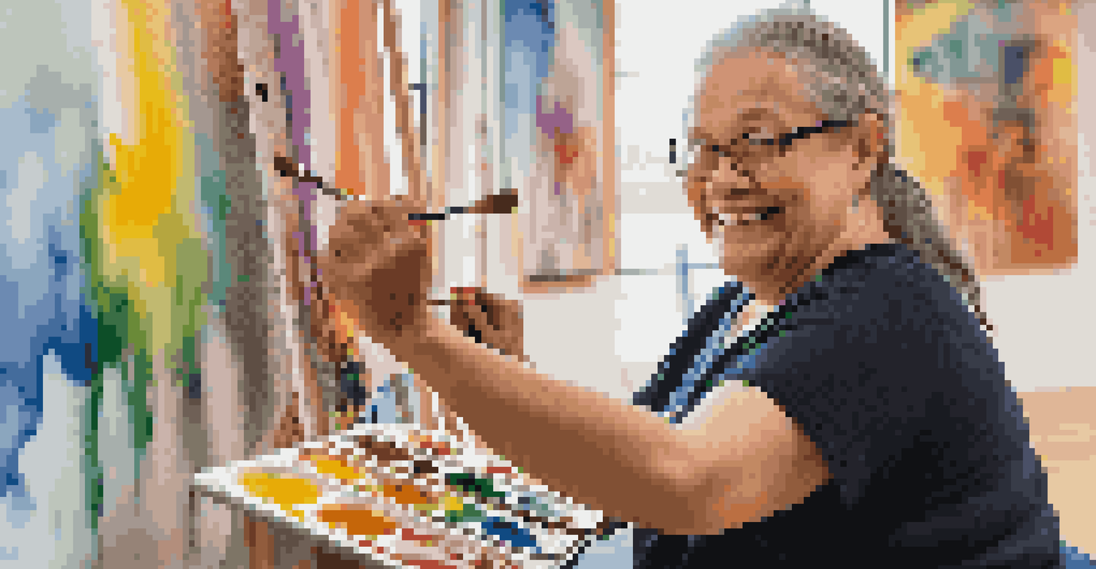 A disabled artist joyfully painting on a large canvas in a community workshop, surrounded by colorful paints and artworks, with warm natural light.