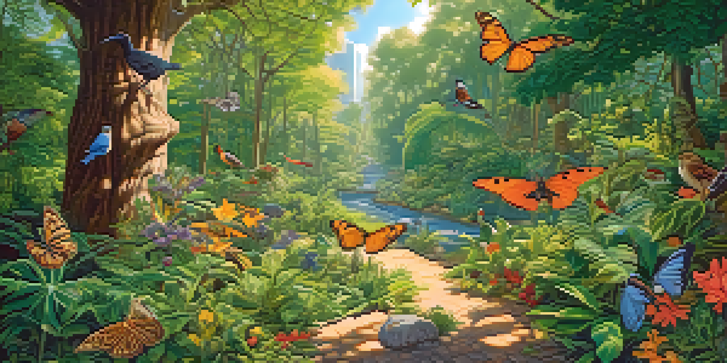 A colorful mural illustrating a lively forest filled with various plants and animals, alongside symbols representing sustainability.