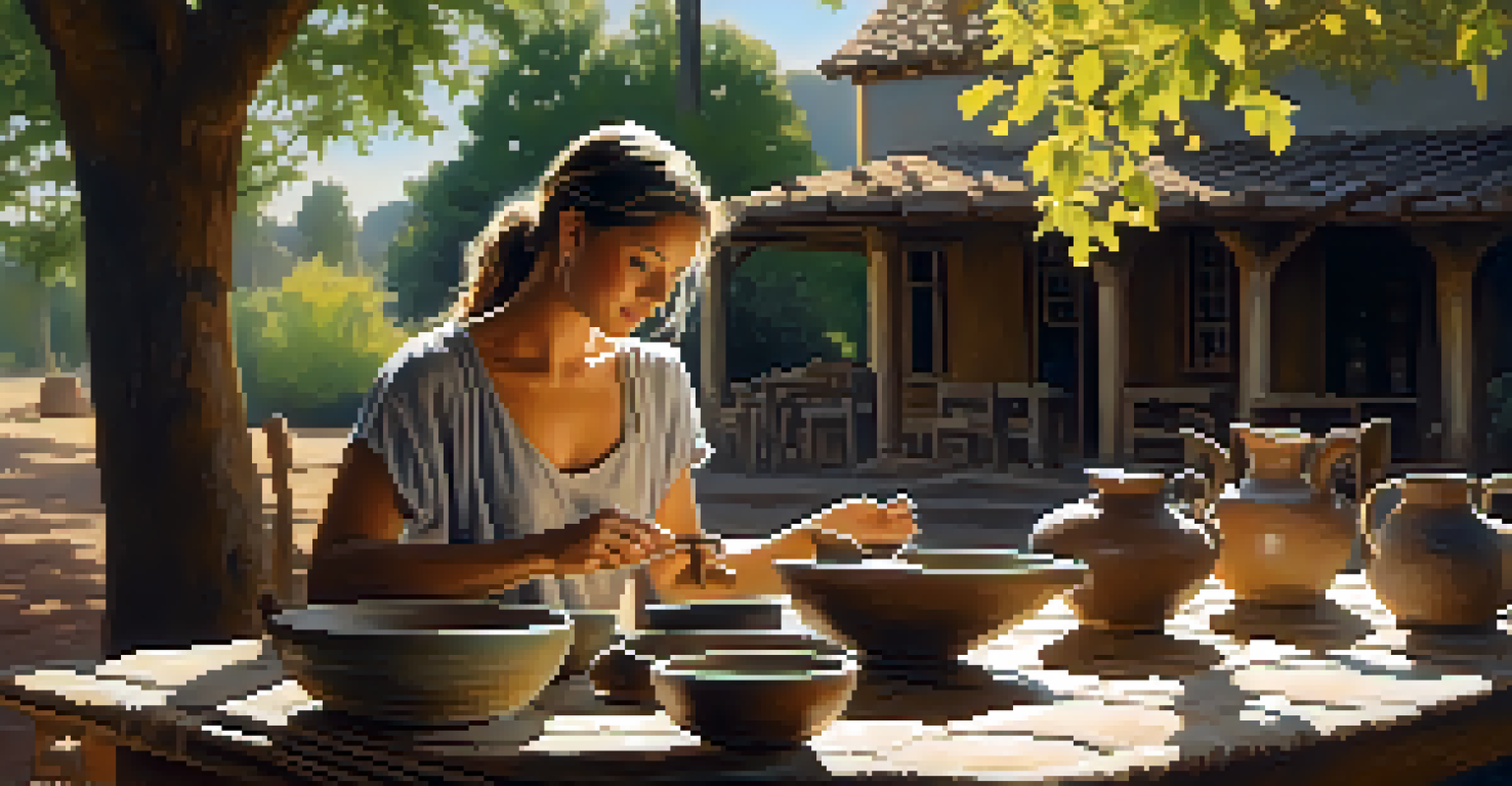 A young woman shaping pottery outdoors under a tree, with sunlight filtering through the leaves and ceramic pieces around her.