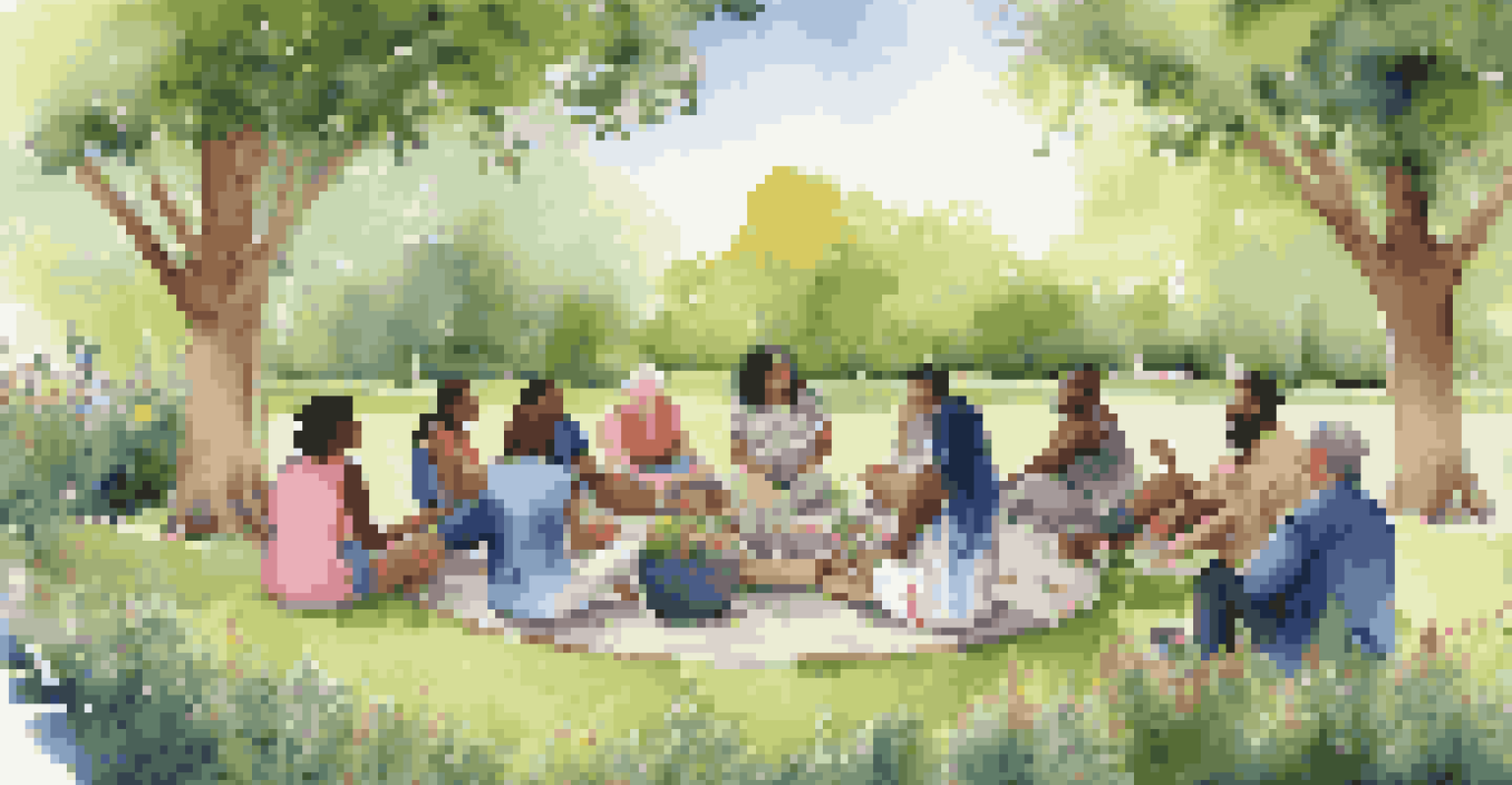 A diverse group of authors sharing stories in a park, surrounded by nature.