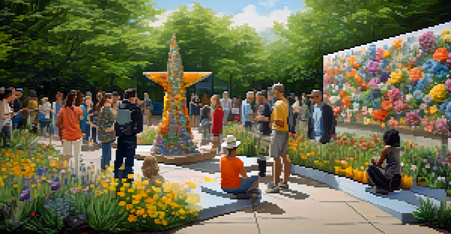 An outdoor art installation of recycled material sculptures, with a diverse group of people admiring the art in a lush garden setting.