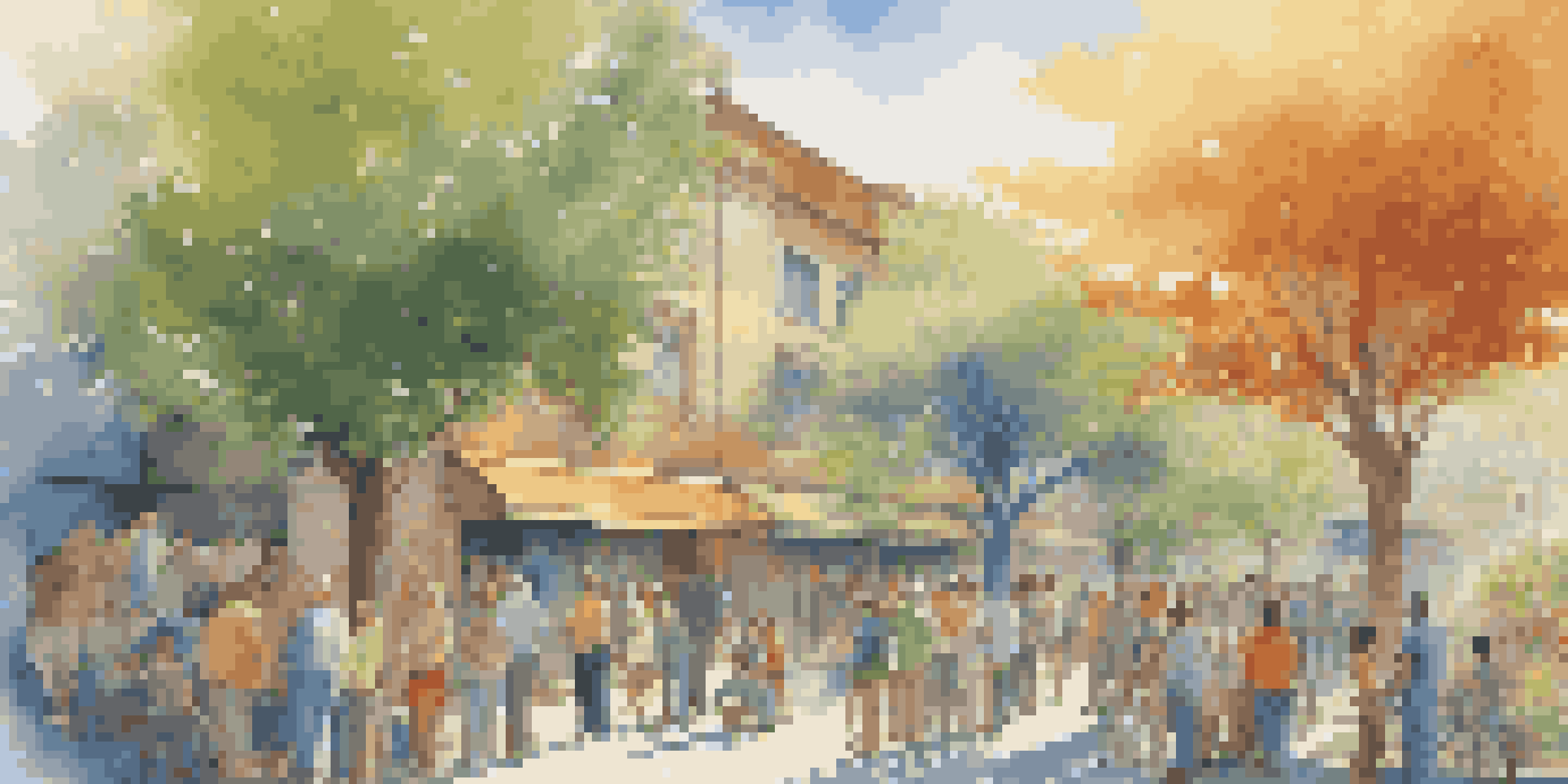 An artist painting a colorful mural on a city wall with onlookers around, illuminated by soft golden sunlight.