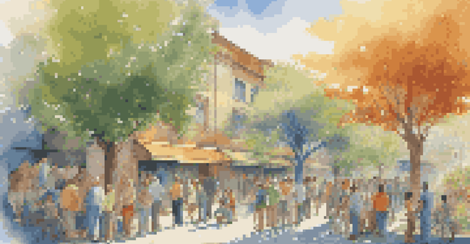 An artist painting a colorful mural on a city wall with onlookers around, illuminated by soft golden sunlight.