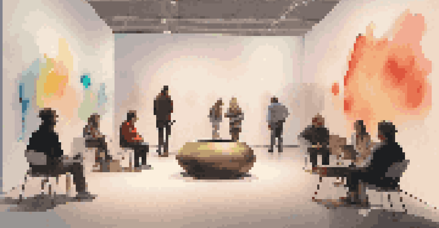 Visitors experiencing a sound art installation in a dimly lit gallery filled with colorful lights.