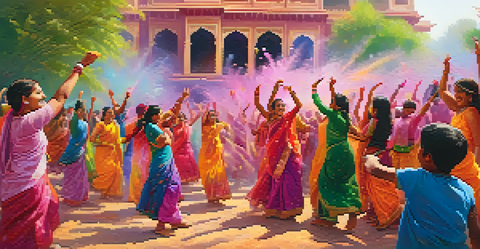 A colorful celebration of Holi in India, with people throwing vibrant colored powders joyfully in the air amidst a festive backdrop.