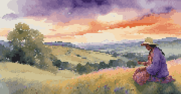 A serene landscape with an artist painting a sunset over rolling hills, integrating folklore motifs, warm colors in the sky, and wildflowers in the foreground.