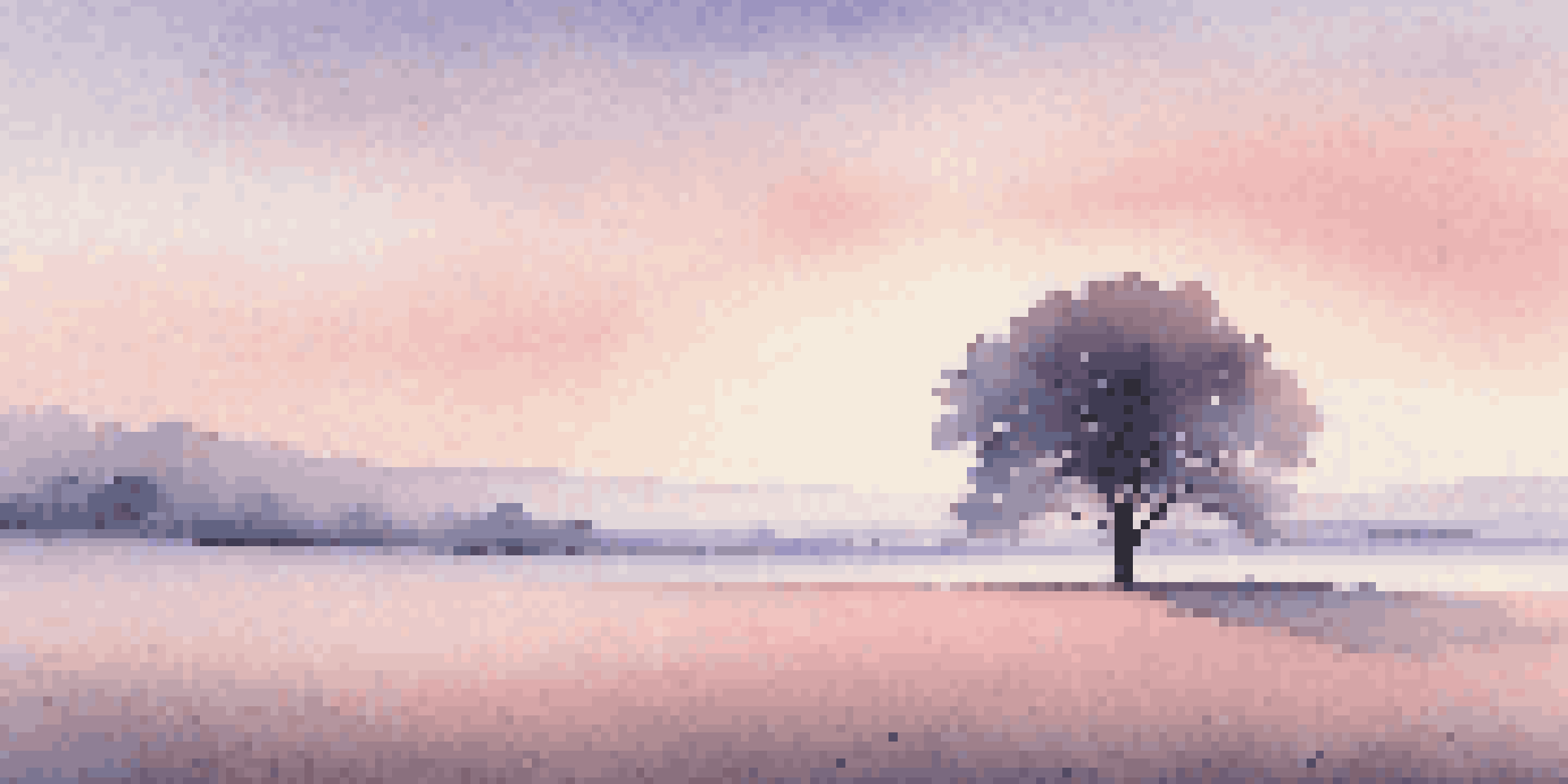 A peaceful minimalist landscape with an empty field and a single tree under a pastel-colored dawn sky.
