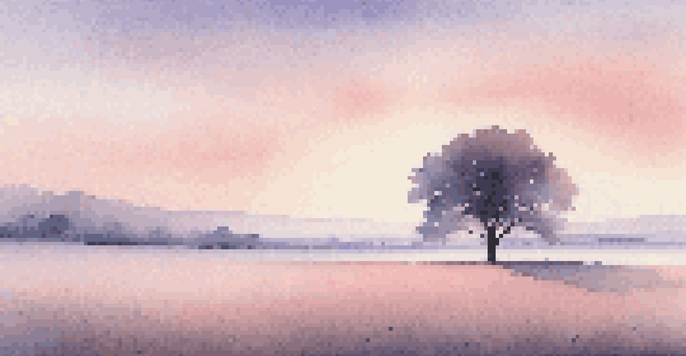 A peaceful minimalist landscape with an empty field and a single tree under a pastel-colored dawn sky.