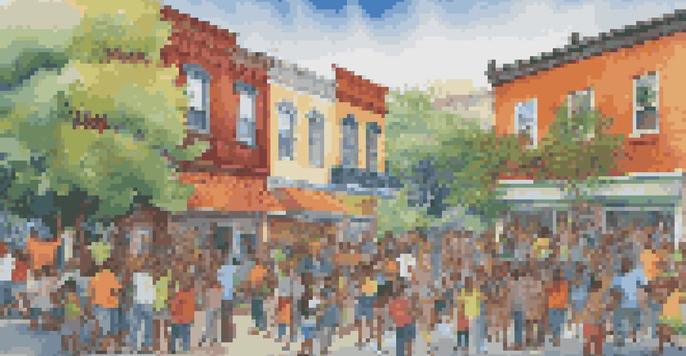 A colorful mural being painted by a diverse group of people, showcasing collaboration and community engagement.