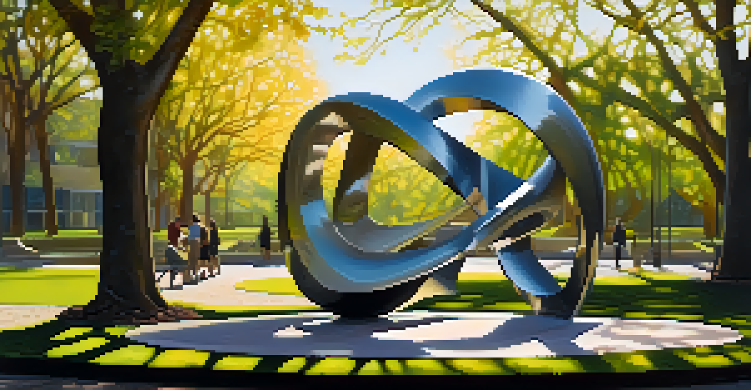 An abstract public sculpture in a park, surrounded by greenery and illuminated by soft sunlight.
