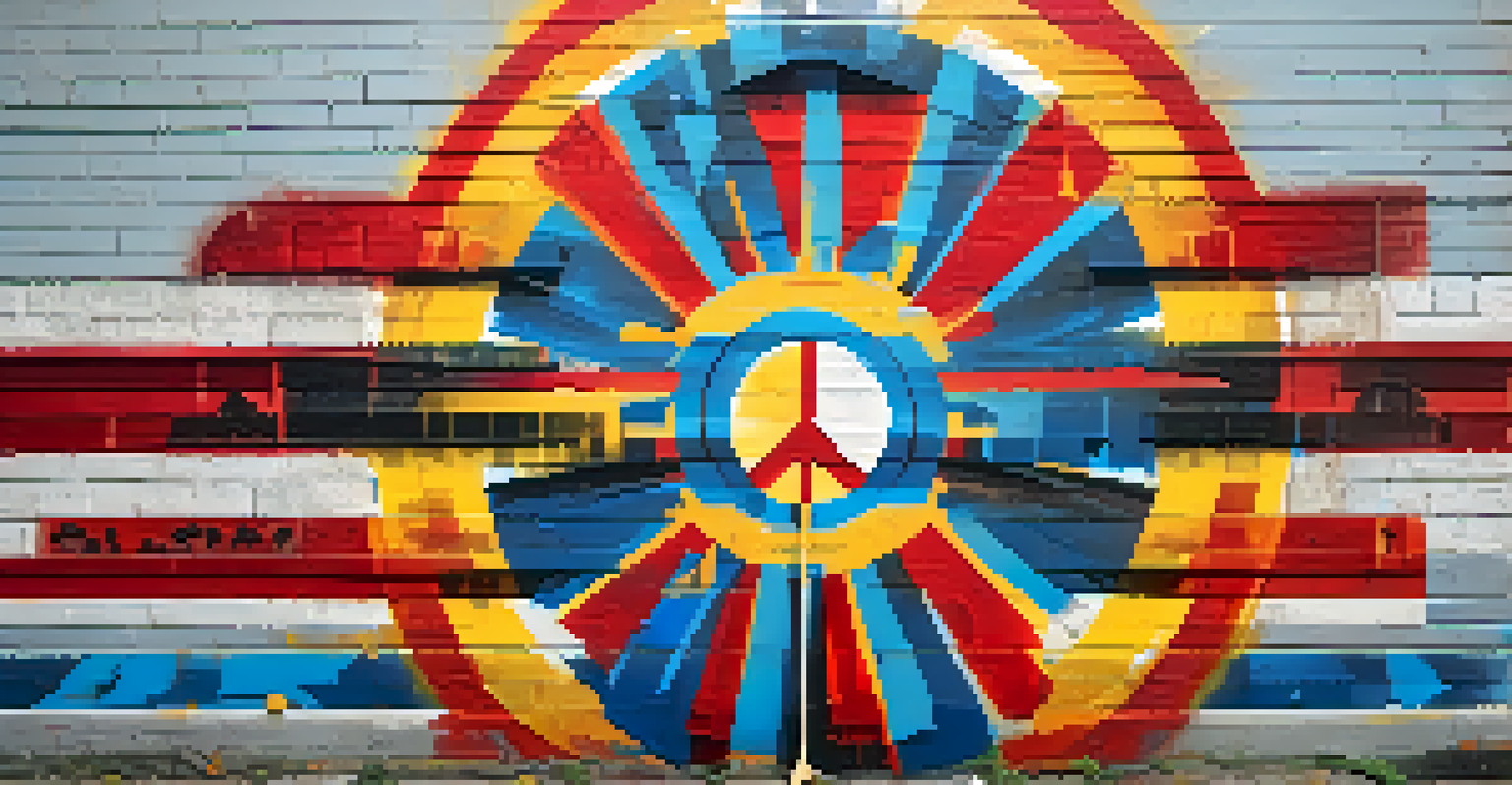 A close-up of a textured street art piece with stencils and wheatpaste, featuring symbols of peace and unity, illuminated by bright sunlight.
