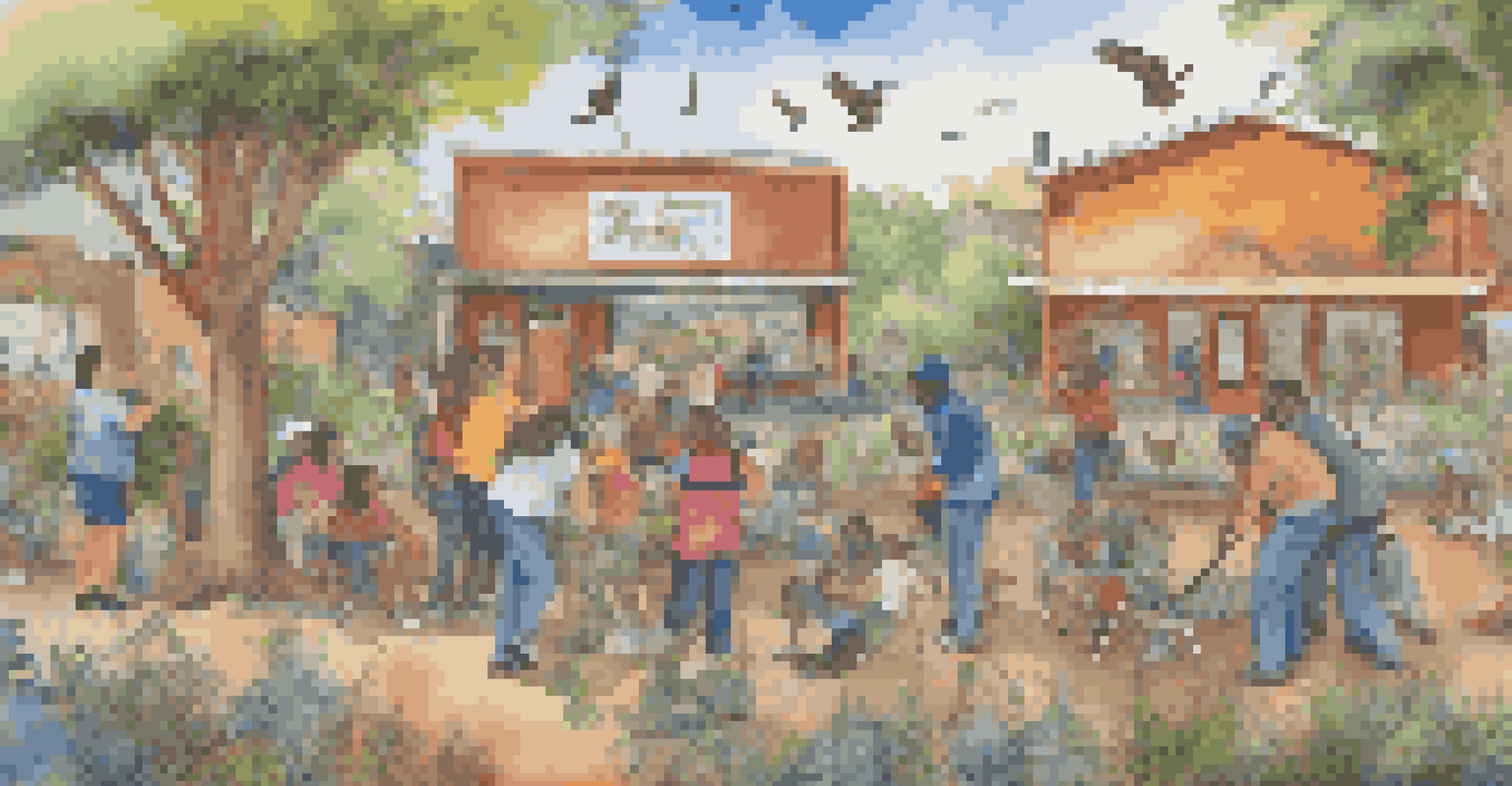A group of people of various backgrounds working together to paint a mural featuring local wildlife and nature.