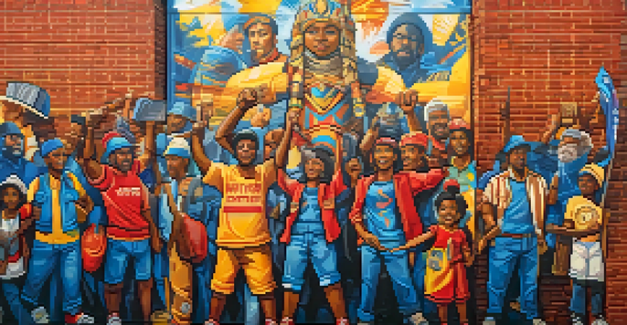 A colorful street art mural showing a diverse group of people protesting, with various signs of solidarity. The scene is bright and lively, highlighting the emotions of the participants.