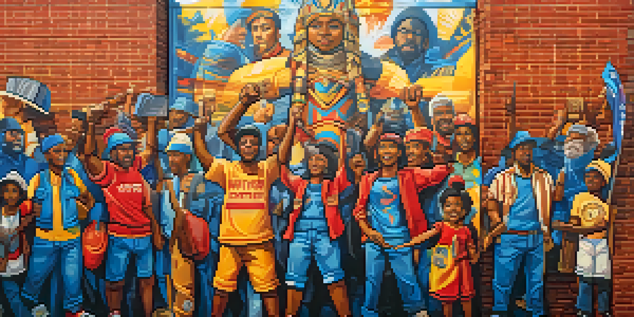 A colorful street art mural showing a diverse group of people protesting, with various signs of solidarity. The scene is bright and lively, highlighting the emotions of the participants.