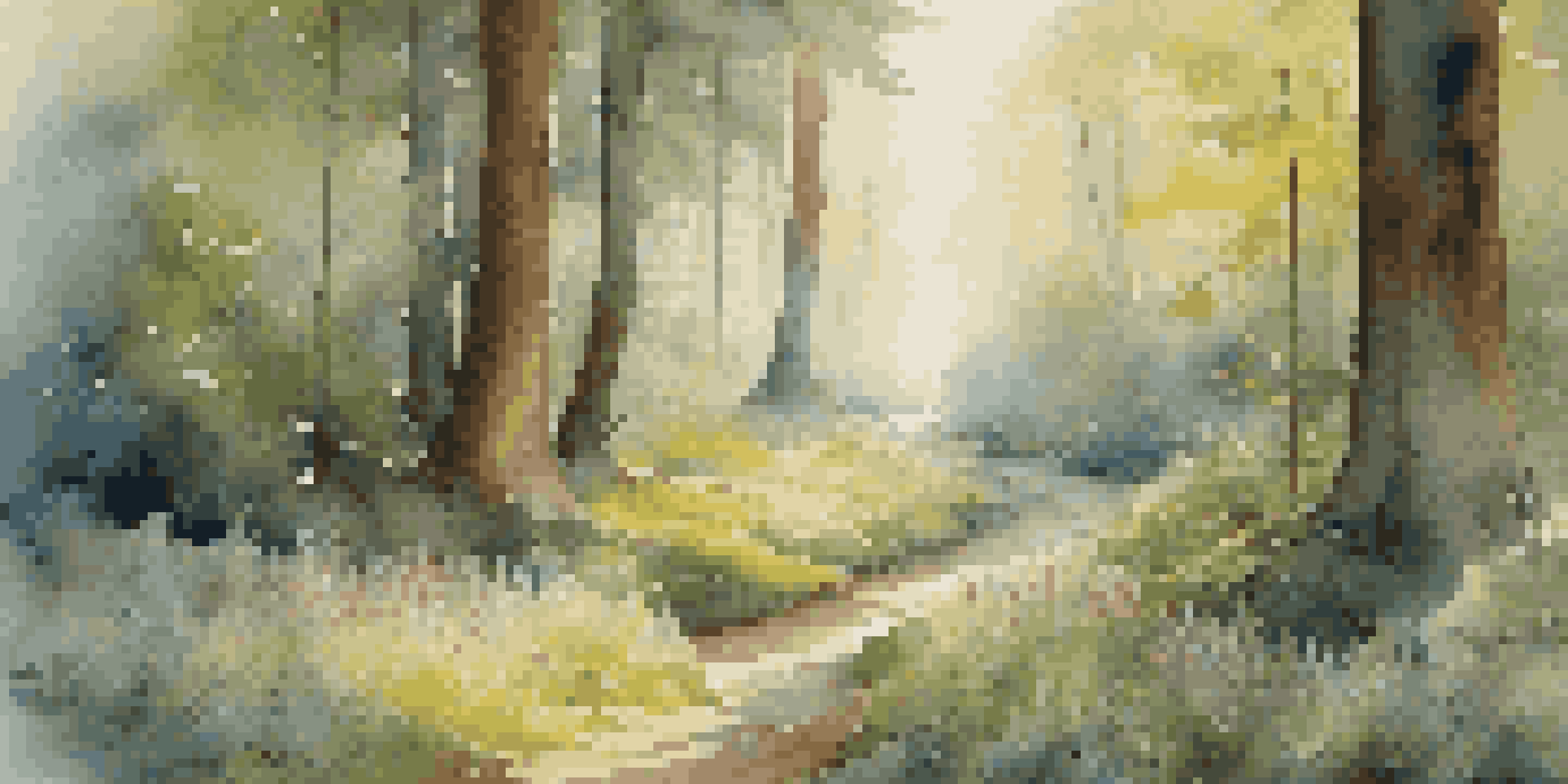 A tranquil forest at dawn with sunlight filtering through trees and a colorful wildflower clearing.