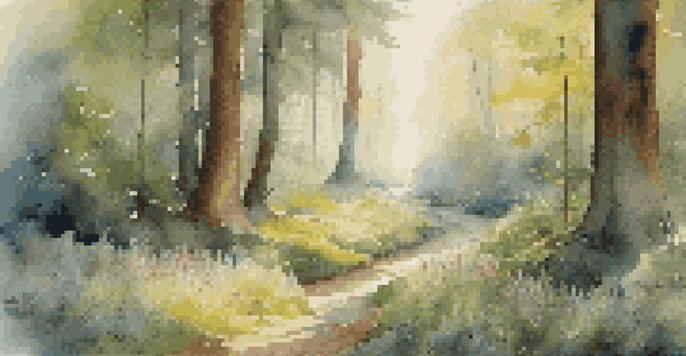 A tranquil forest at dawn with sunlight filtering through trees and a colorful wildflower clearing.