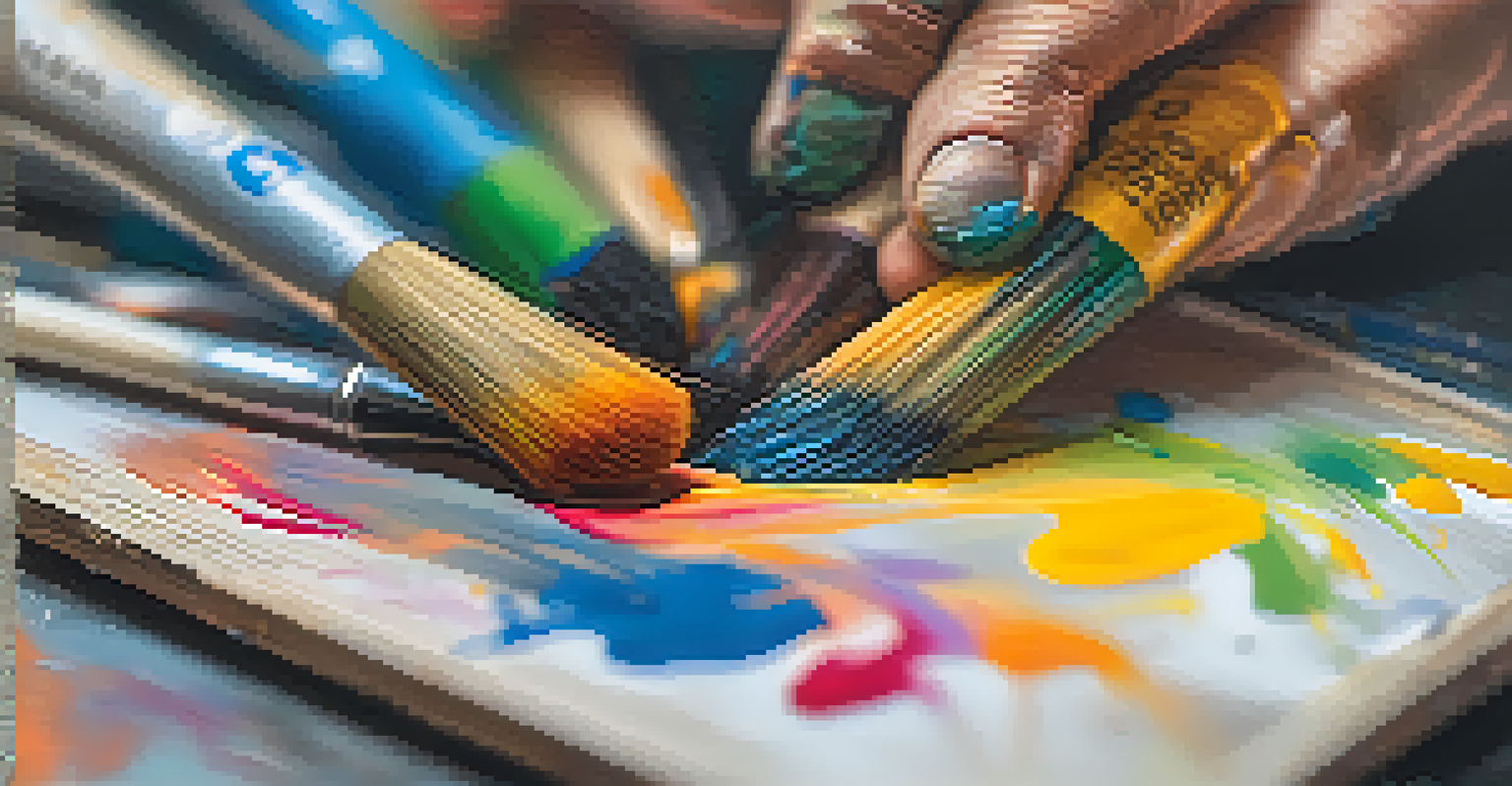 An artist's hands mixing paint on a palette while working on a canvas.