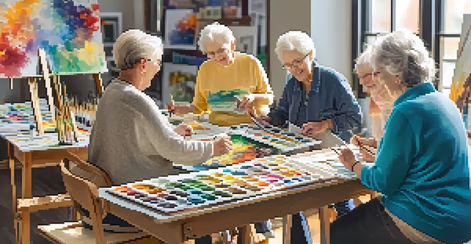A diverse group of seniors happily working on their paintings in a bright art studio filled with colorful supplies.