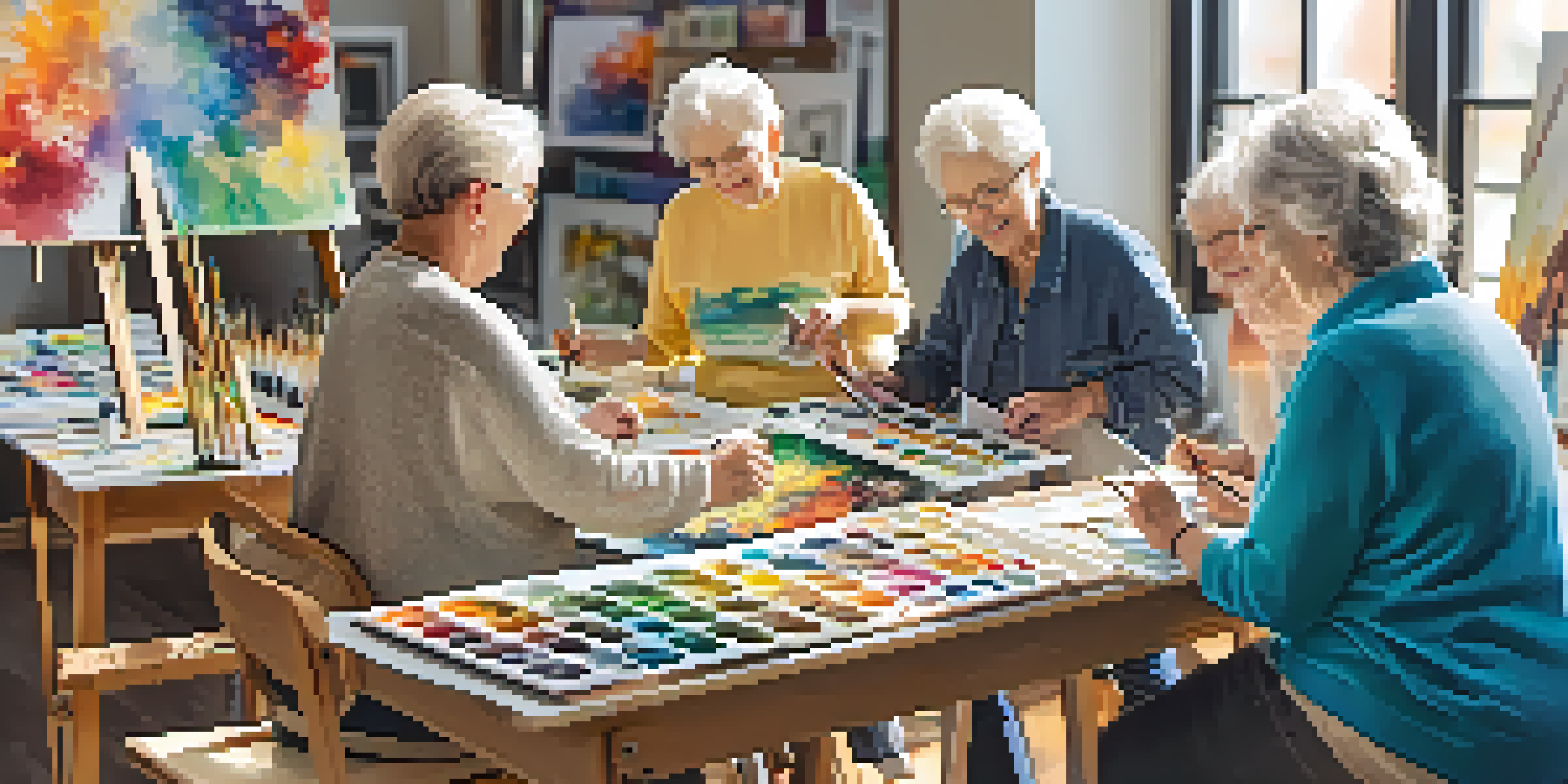 A diverse group of seniors happily working on their paintings in a bright art studio filled with colorful supplies.