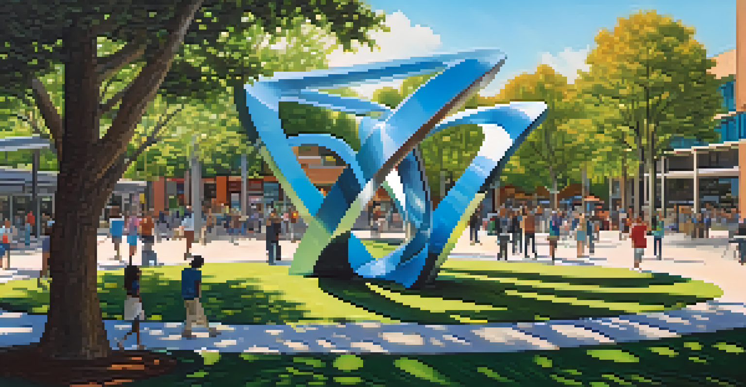 A lively community plaza with a reflective abstract sculpture and diverse people enjoying the outdoors, surrounded by greenery and a clear blue sky.