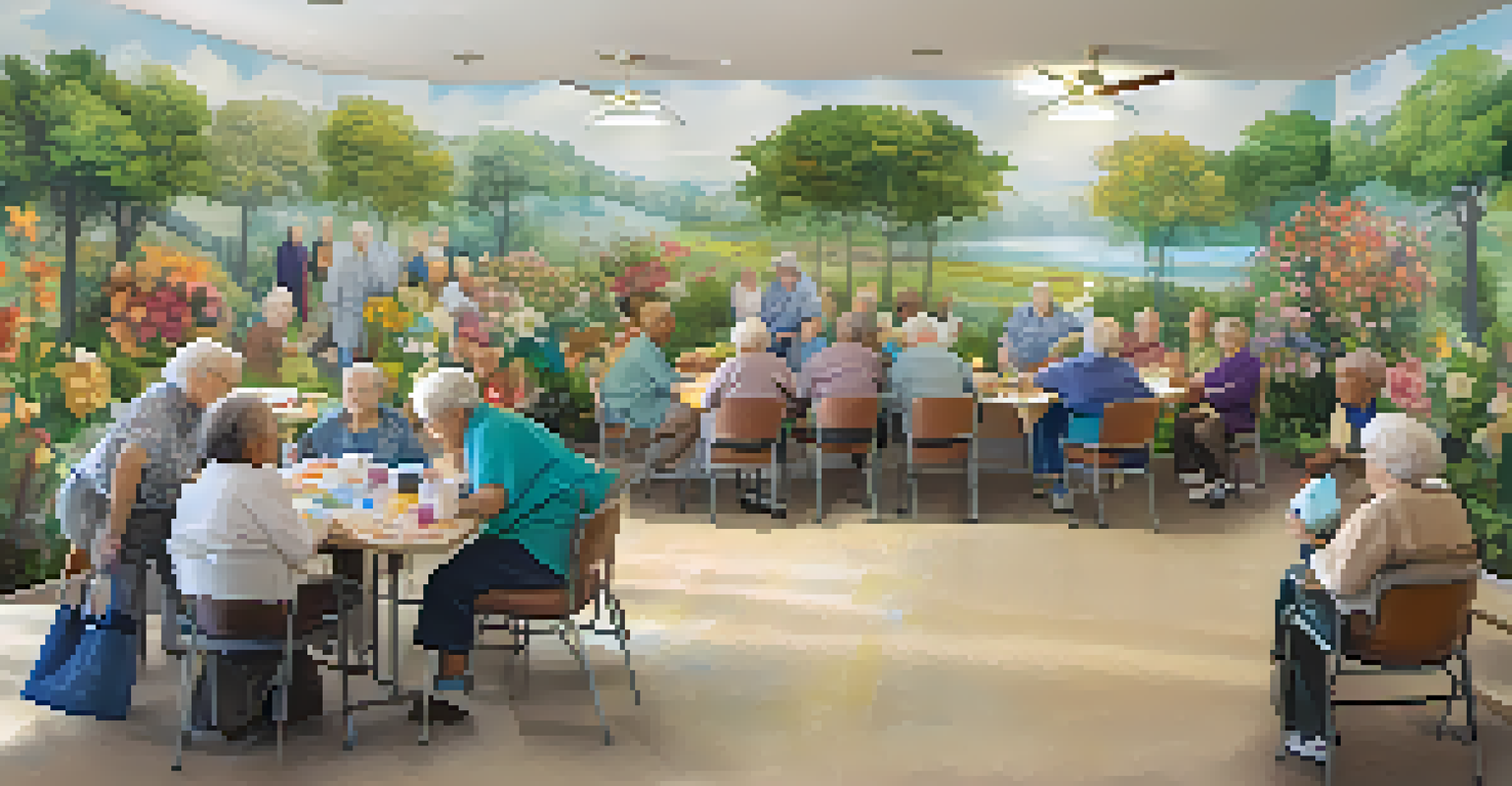Elderly residents collaboratively painting a vibrant mural in a nursing home, showcasing a beautiful landscape while sharing laughter and stories.