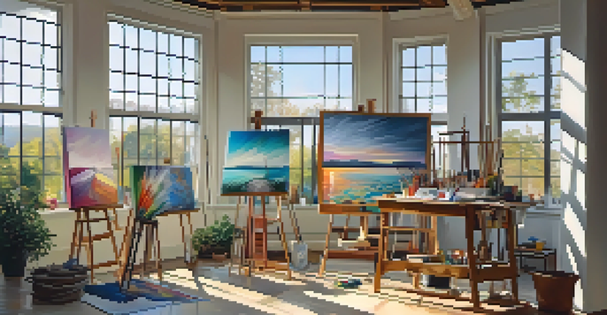 An artist's studio filled with colors and canvases, illuminated by sunlight, featuring a partially finished artwork on an easel.