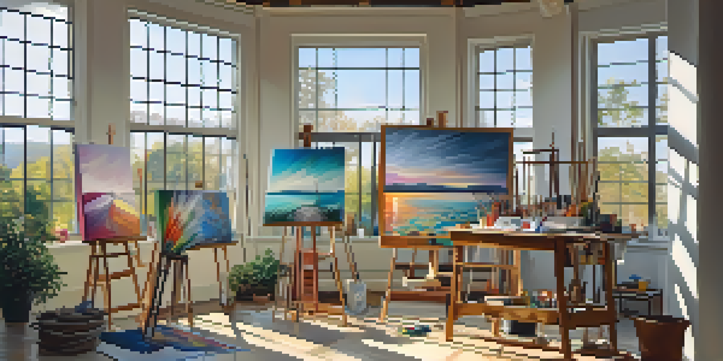 An artist's studio filled with colors and canvases, illuminated by sunlight, featuring a partially finished artwork on an easel.