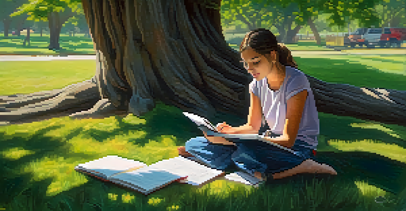 A young person sketching under a tree in a beautiful outdoor setting, surrounded by blooming flowers and soft sunlight.