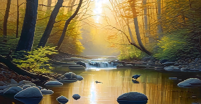 A tranquil forest at dawn with sunlight filtering through trees and a stream flowing over stones.