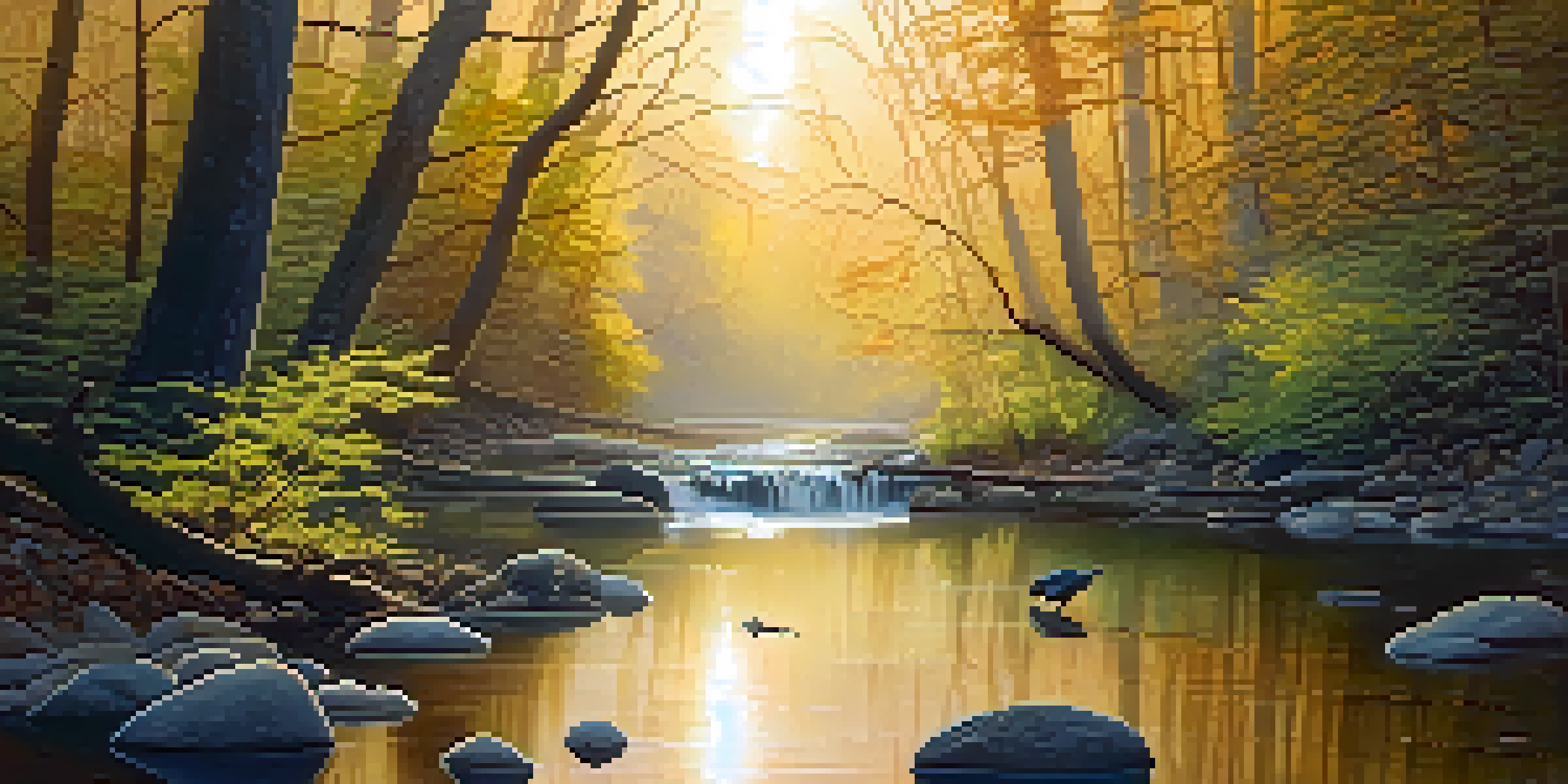 A tranquil forest at dawn with sunlight filtering through trees and a stream flowing over stones.