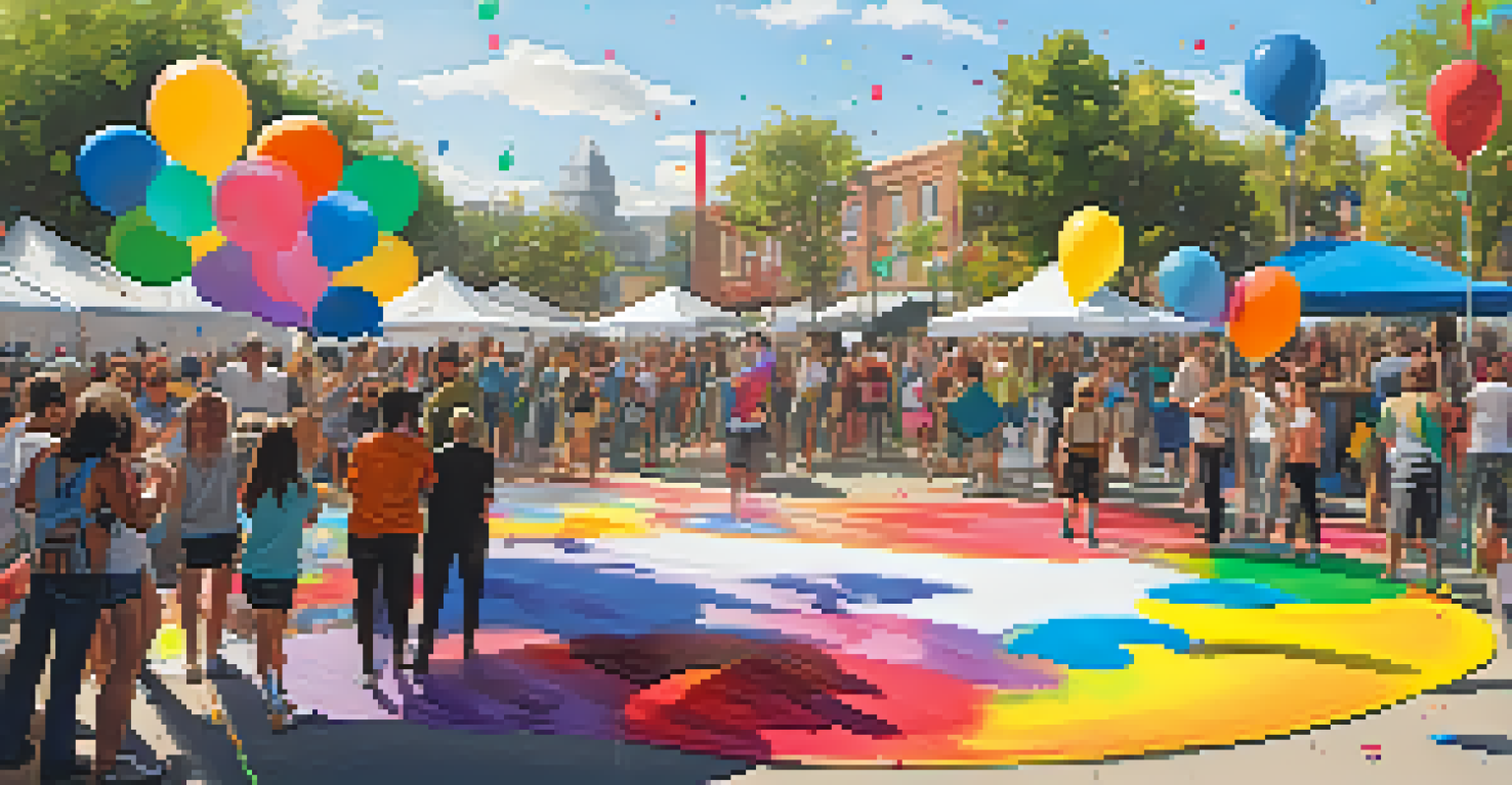 Local artists collaboratively painting in an open square, with a diverse crowd watching and colorful decorations enhancing the scene.