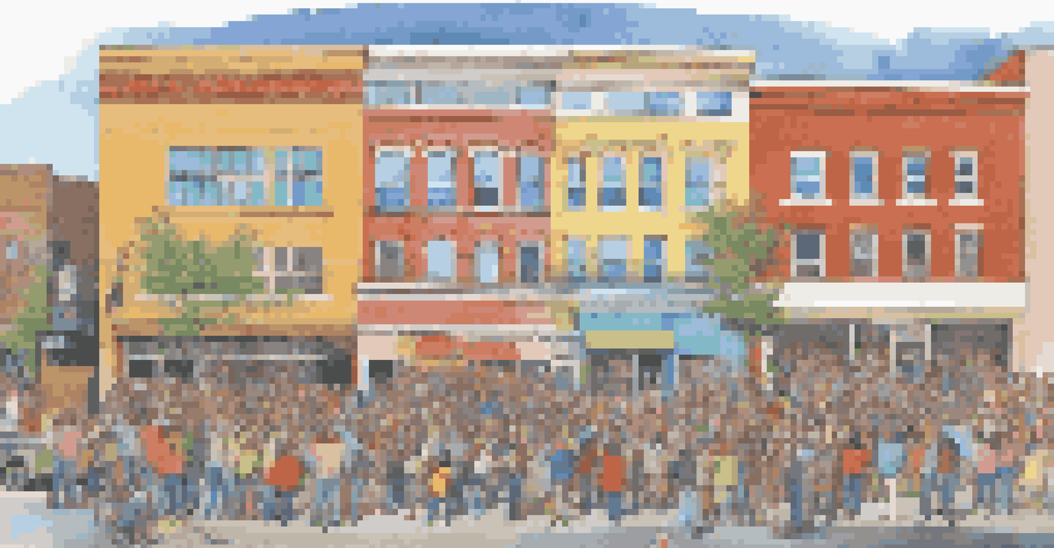 A community mural project with local artists painting a colorful mural on a building, with community members actively participating and observing.