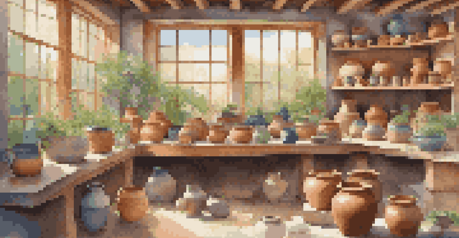 A peaceful pottery studio illuminated by sunlight, featuring a potter's wheel and various clay artworks, with a garden visible through the window.