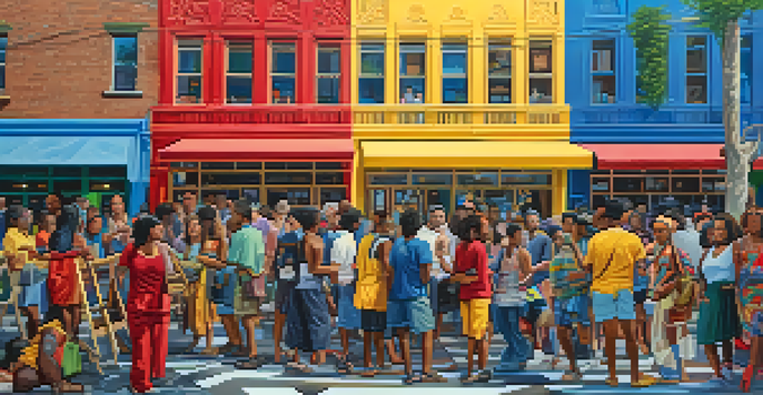 A lively urban street scene showing a diverse group of artists collaborating on a large mural filled with colorful patterns and symbols from various cultures.