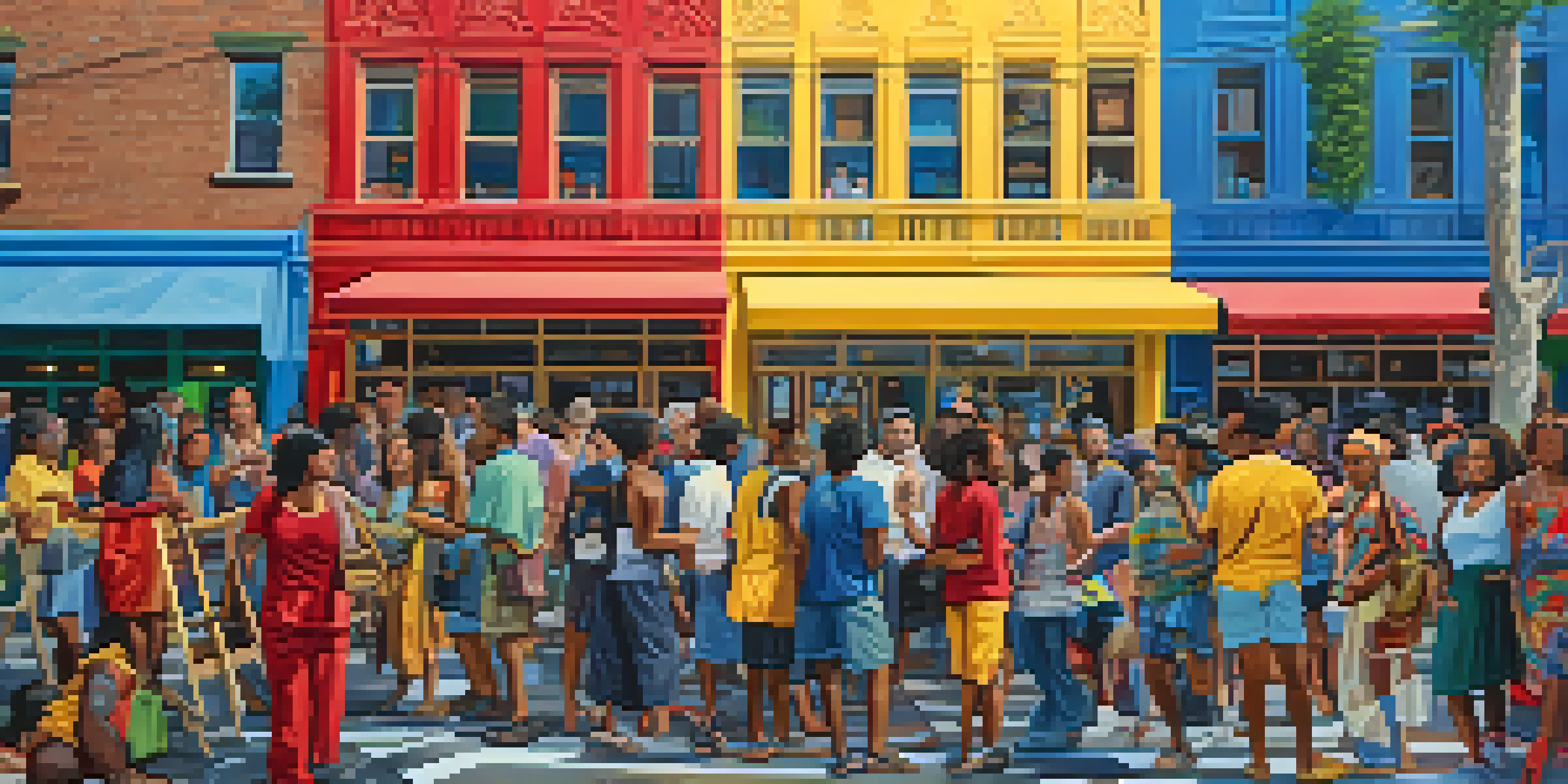A lively urban street scene showing a diverse group of artists collaborating on a large mural filled with colorful patterns and symbols from various cultures.