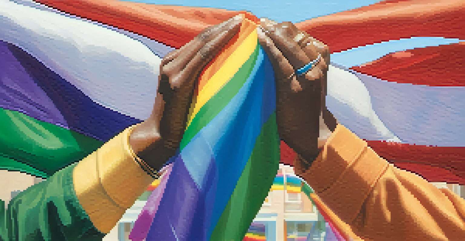 Close-up of hands of various skin tones holding a rainbow pride flag against a softly blurred background.