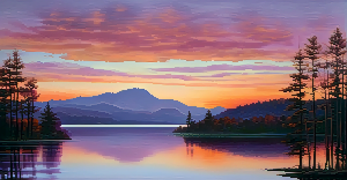 A tranquil sunset landscape with a lake reflecting vibrant orange and pink hues, framed by gentle hills and silhouetted trees.