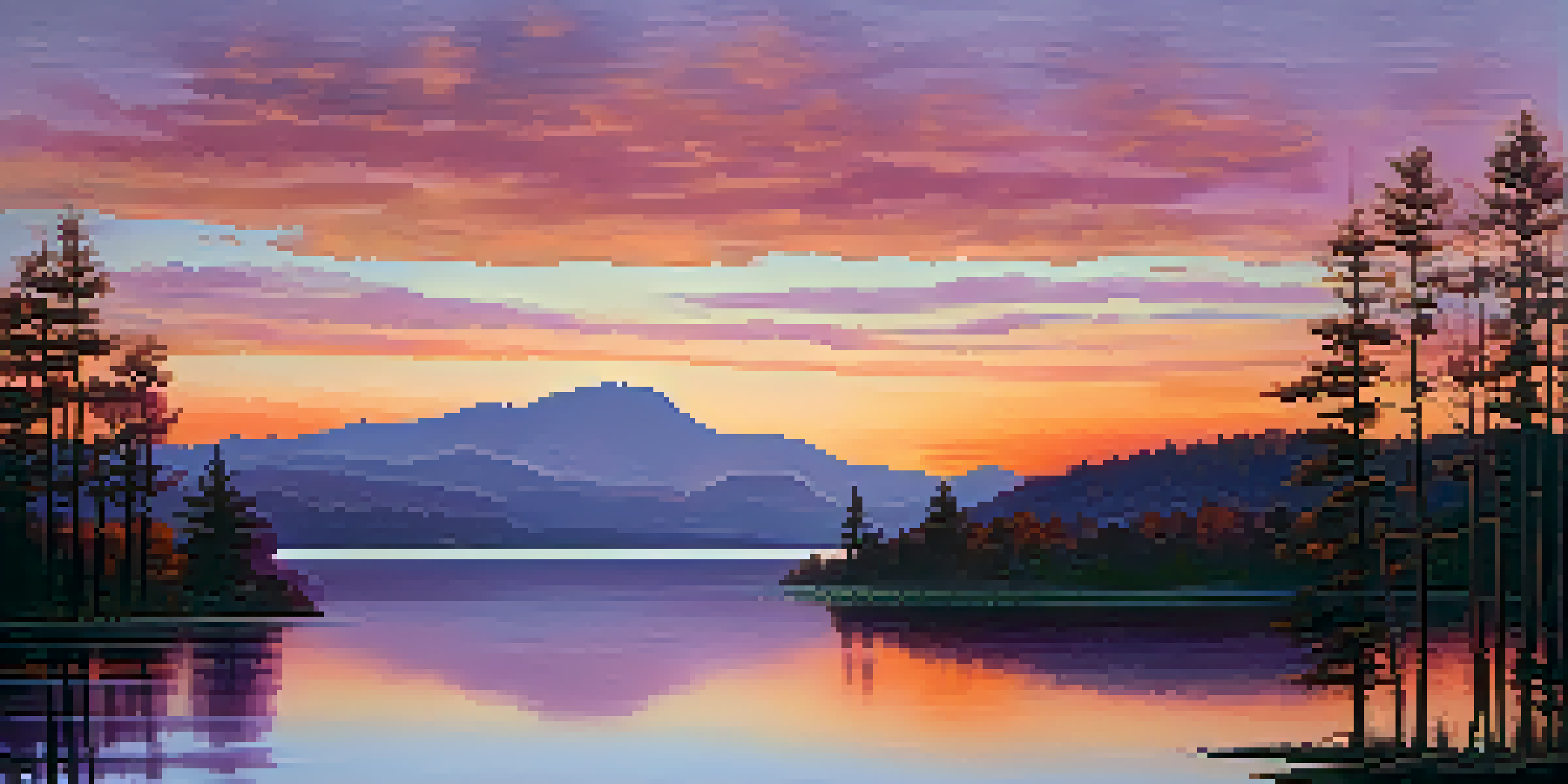A tranquil sunset landscape with a lake reflecting vibrant orange and pink hues, framed by gentle hills and silhouetted trees.