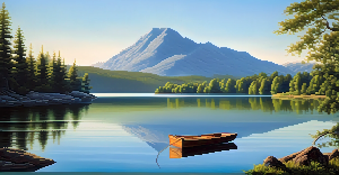 A peaceful lake scene with greenery, a boat, and mountains in the background.