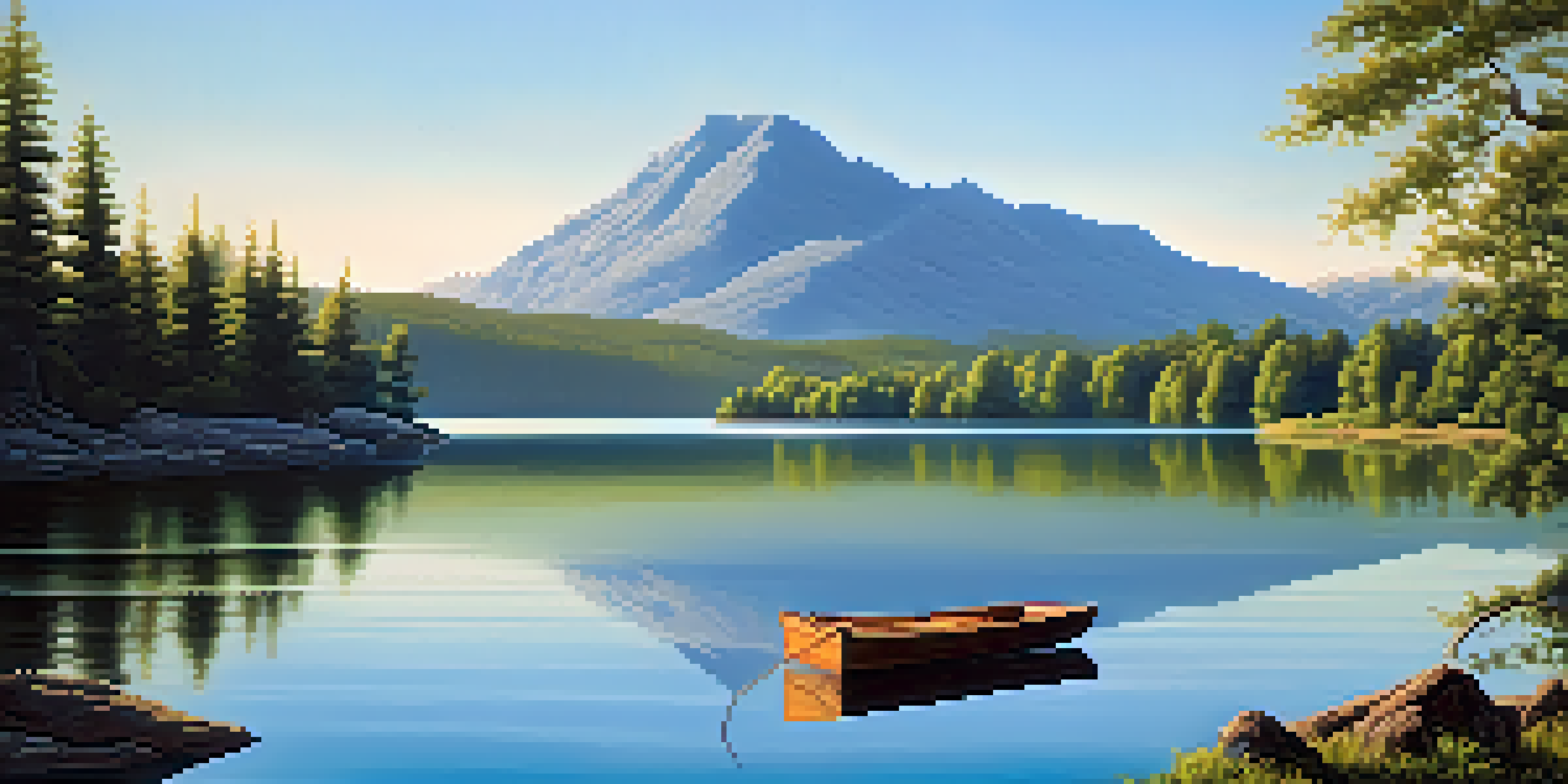 A peaceful lake scene with greenery, a boat, and mountains in the background.