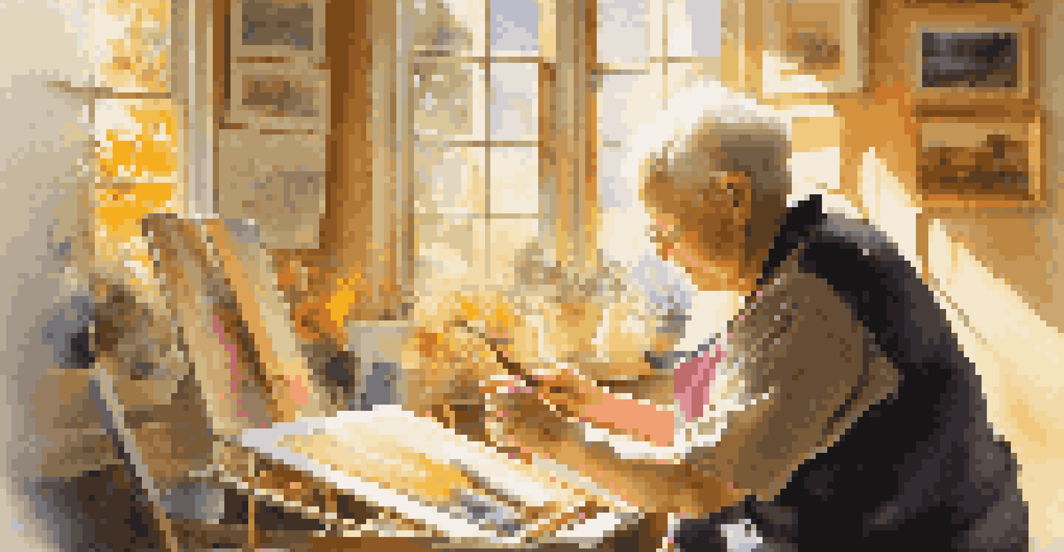 An elderly artist in a sunlit studio, painting a canvas that reflects their life experiences, surrounded by other artworks.