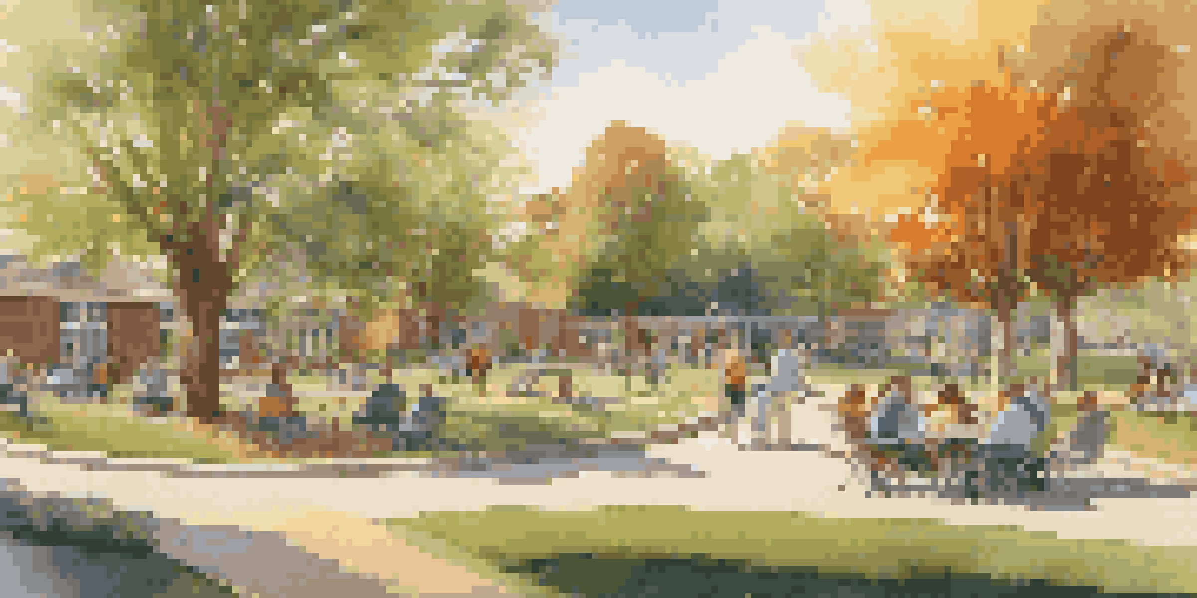 A lively park with colorful murals, families enjoying the space, and a sculpture under warm sunlight.