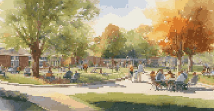 A lively park with colorful murals, families enjoying the space, and a sculpture under warm sunlight.